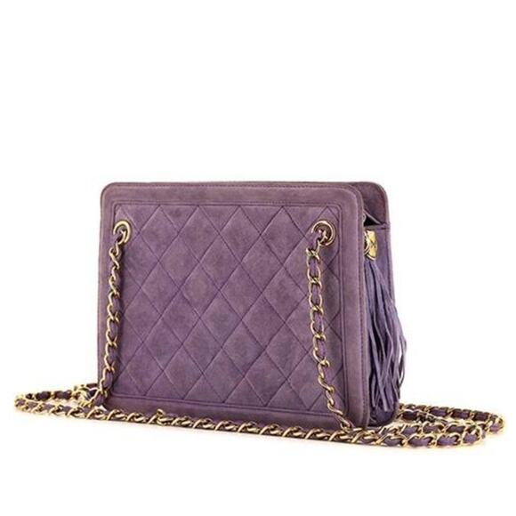 CHANEL Vintage Purple Quilted Suede Chain Link Shoulder Bag CC Logo Tassel Charm - Picture 1 of 16